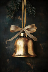 Wall Mural - golden bell ornament with ribbon hangs against dark background, evoking festive atmosphere. Perfect for holiday decorations and celebrations