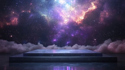 3d rendered abstract podium in the cosmos with nebula