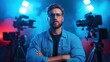© angel_nt - The filmmaker exudes confidence with crossed arms, surrounded by multiple cameras and vibrant lights in a dynamic studio setting. This creative atmosphere invites innovation