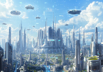 a sprawling futuristic city with many skyscrapers and flying vehicles in a clear blue sky