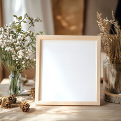 Wall Mural - square photo frame mockup, horizontal position resting on a table decorated for a wedding
