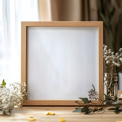 Wall Mural - square photo frame mockup, horizontal position resting on a table decorated for a wedding