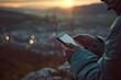 © Masque - Closeup: Hiker Using Mobile Phone at Sunset for Outdoor Workout