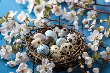 A nest containing eggs situated on a blue table