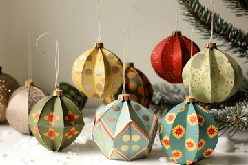 A group of colorful paper ornaments hang from a Christmas tree, perfect for holiday decorations or festive events