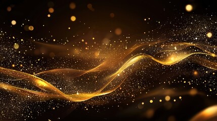 Wall Mural - dark brown background with digital signature, golden light particles, sparkling waves, and deep curt