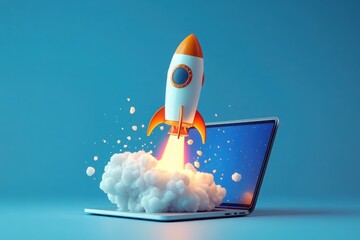 Rocket coming out of laptop screen, blue background.