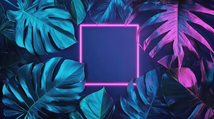 Wall Mural - Creative fluorescent color layout made of tropical leaves with neon light square, minimal nature background