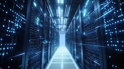 Wall Mural - shot of a corridor in a working data center full of rack servers and supercomputers with internet co