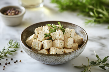 Wall Mural - Crispy tofu cubes arranged in ceramic bowl, fresh herbs scattered.