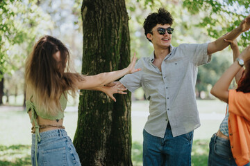 Poster - Group of friends messing each other's hair up and laughing in the park. Enjoying a sunny day together and having fun outdoors.