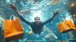 © Oksana - A man underwater reaches toward floating shopping bags. Concept of shopping, adventure, or surreal experience. For illustrating creative advertising concepts
