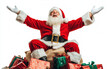 © AZ Studio - Santa Claus happily seated on a sack of gifts, celebrating the joy of Christmas with open arms against a bright background
