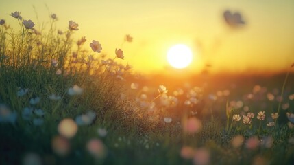 Poster - Field of flowers with the sun setting in the background, perfect for nature and outdoor scenes