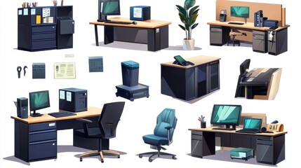 Sticker - Office design and interior isolated cartoon vector illustrations set. Work-station in smart office, inclusive working environment, recycling station at modern business workplace vector cartoon.