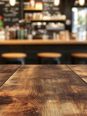 Canvas Print - A blurred view of a rustic wooden table in a contemporary caf, showcasing a warm and inviting atmosphere for dining or enjoying coffee