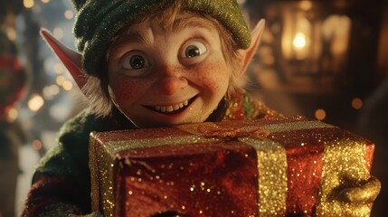 Wall Mural - An elf wrapping a present with shimmering red and gold paper, their face lit up with excitement.