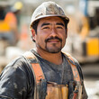 © Chanyapat - 35 year old Hispanic construction worker smiles confidently at camera, showcasing his hard work and dedication. His helmet and work attire reflect day on job