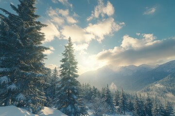 Sticker - Snowy Mountain Landscape with Fir Trees and Sunlight