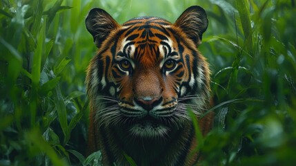 Wall Mural - Sumatran tiger hiding in lush green vegetation