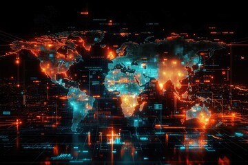 Poster - Futuristic world map showing global connections and data flowing