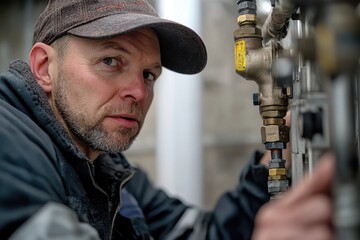 Poster - Technician repairing plumbing system, fixing pipes and valves in industrial setting