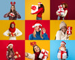 © Prostock-studio - A cheerful group of women in holiday attire joyfully poses with wrapped gifts against colorful backgrounds. Each one expresses happiness and excitement for the festive season.