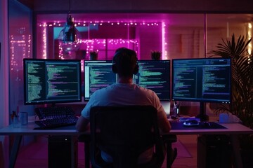 A focused coder works in a neon-lit office. Multiple screens display coding and programming tasks. This workspace combines technology and creativity. Generative AI