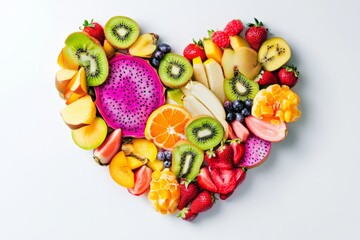 Wall Mural - Colorful heart made of fresh fruits. This image captures love for healthy eating. Enjoy vibrant colors and natural beauty. Perfect for wellness concepts. Generative AI