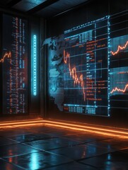 Wall Mural - Trading market concept with financial graphs, glowing lines and diagram on digital screen at world map background. 3D rendering