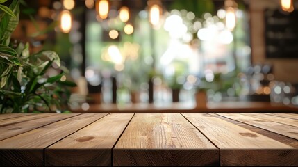 Wall Mural - Wooden board empty table in front of blurred background. Perspective brown wood over blur in coffee shop - can be used for display or montage your products