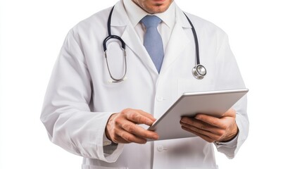 Aufkleber - A doctor in a white coat focuses on a tablet, checking patient details and records in a clinical setting during daytime. Generative AI
