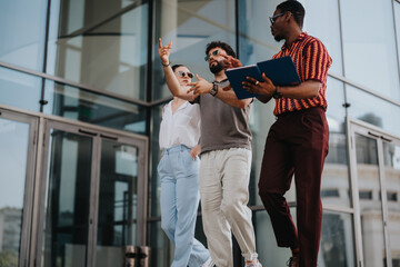 Canvas Print - Business people collaborating outside a modern urban building, discussing ideas and strategies, promoting teamwork and innovation.