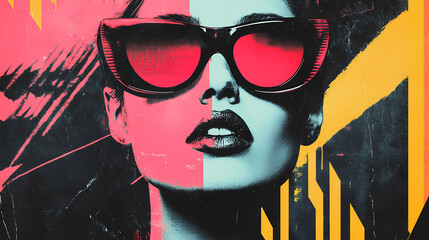 Wall Mural - High fashion halftone poster with and retro futuristic aesthetic. grunge noise creative mixed media collage. stylish vintage backdrop, grunge graphic design style. Vintage Futuristic. Illustration