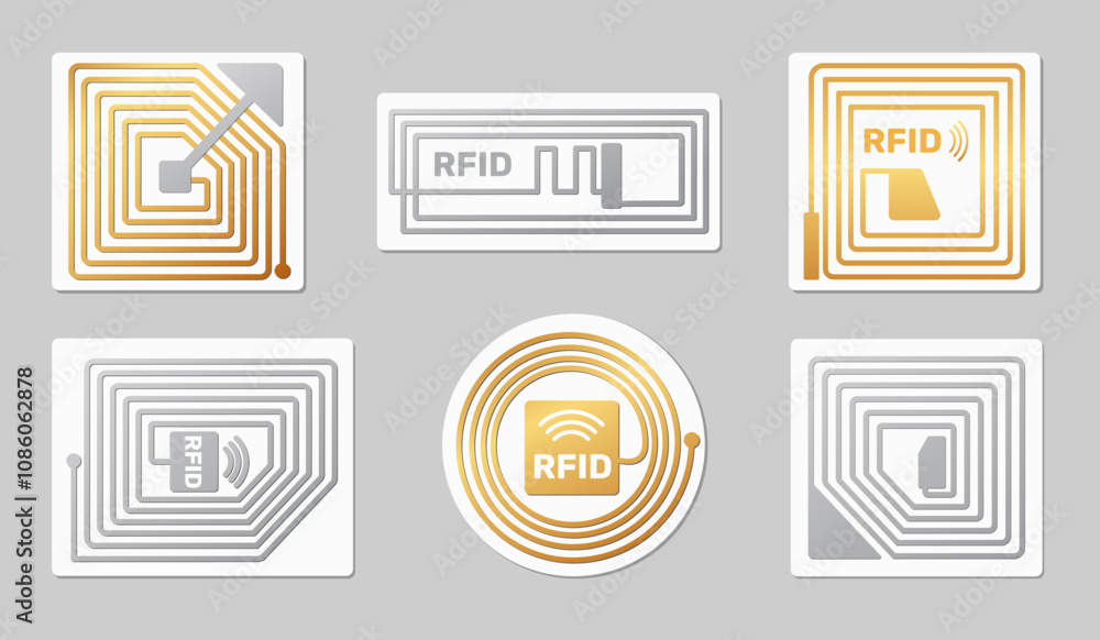 RFID tags. Golden and silver radio frequency identification stickers ...