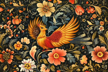 Russian folk art patterns with firebird and traditional flowers, khokhloma style.