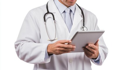Fototapete - A doctor wearing a white coat and stethoscope examines a tablet, likely reviewing important health data for a patient. Generative AI