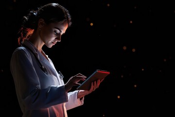 Fototapete - A doctor in a white coat is intently using a tablet, illuminated by soft light, in a clinical environment with a dark backdrop. Generative AI