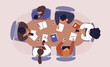 © VectorBum - Business meeting at conference table. Top view people in formal suits solve work issues. Office staff. Employees group brainstorming. Businessman negotiation. Garish vector concept