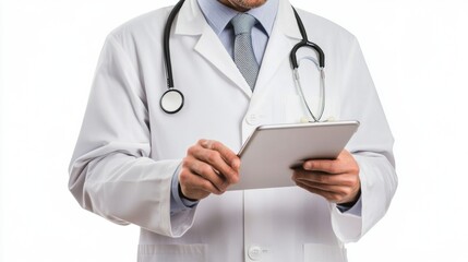 Fototapete - A doctor dressed in a white coat focuses on a tablet, reviewing important patient information in a clinical environment while assisting patients. Generative AI