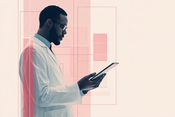 Fototapete - A doctor wearing glasses examines information on a tablet while standing in a contemporary clinic. The setting has a sleek design. Generative AI