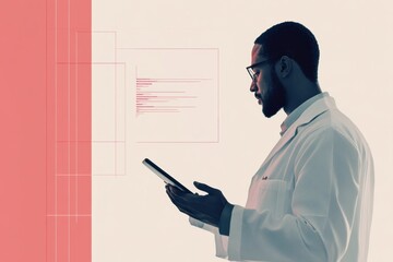 Fototapete - A doctor in a white coat uses a tablet to check patient details in a contemporary medical office with a focused expression. Generative AI