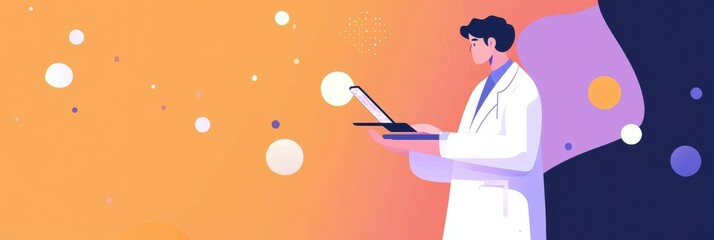 Fototapete - A doctor in a white coat is observing a tablet closely, set against a vibrant abstract background, suggesting a modern healthcare environment. Generative AI