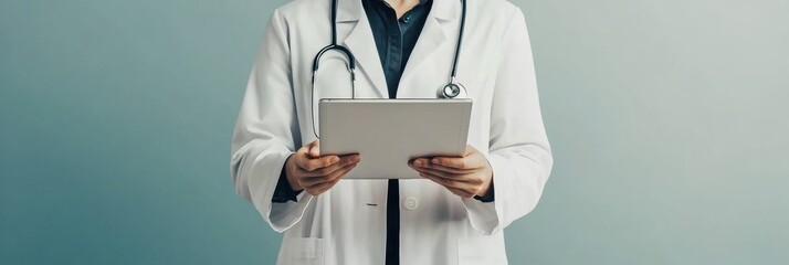 Aufkleber - A doctor wearing a white coat is standing and holding a tablet, ready to assist patients in a clinical setting. Generative AI