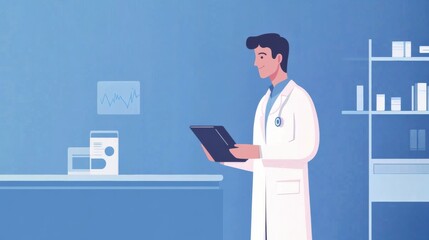 Aufkleber - The doctor examines important patient information while standing at a desk in a well-equipped clinic, focusing on delivering care. Generative AI