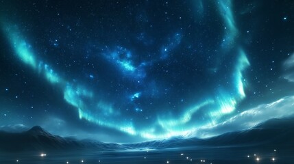 Beautiful blue sky with a bright aurora. The sky is filled with stars and the aurora is glowing brightly