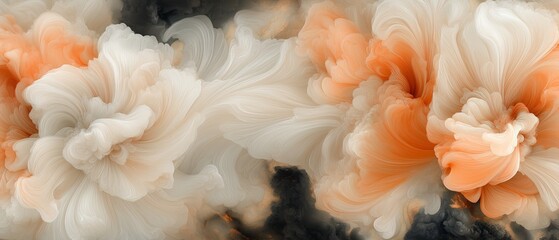 Wall Mural - Blurry image of two flowers with white and orange petals. The flowers are surrounded by a dark background, giving the impression of a dreamy, ethereal atmosphere