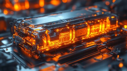Glowing orange energy core in futuristic tech.