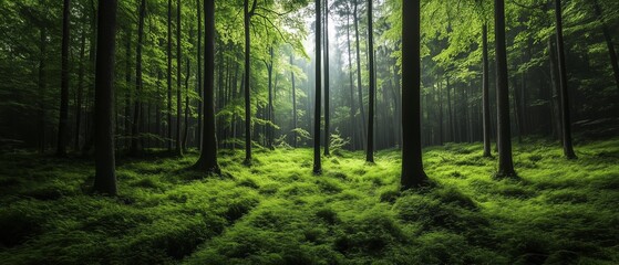 Wall Mural - forest with a lot of trees and grass. the trees are green and the grass is also green. the forest is