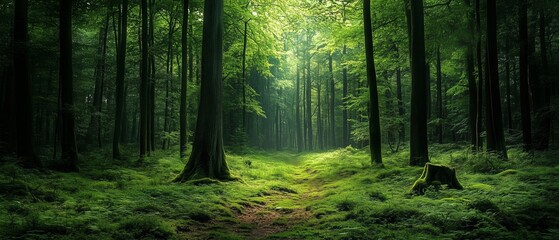 Wall Mural - forest with a path through it. the path is surrounded by trees and the grass is lush and green